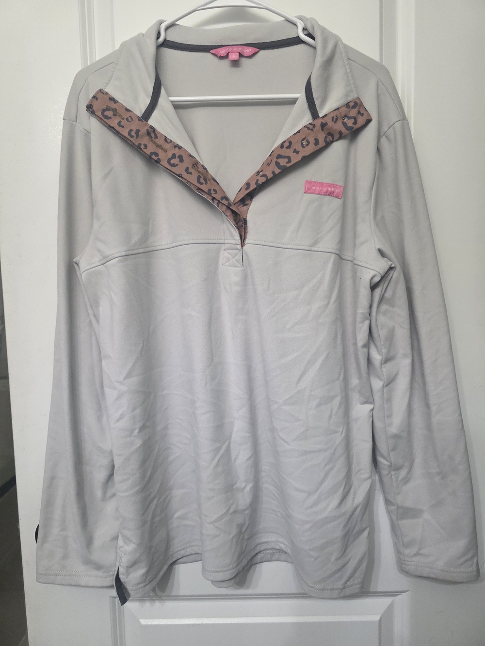 Simply Southern Light Gray Long-Sleeve Top with Leopard Trim and Pink Accent